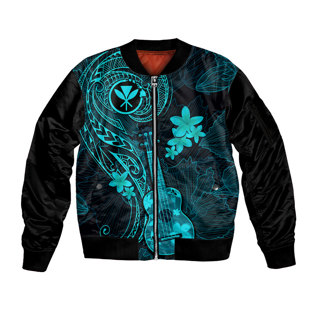 Hawaii Sleeve Zip Bomber Jacket Ukulele Mix Polynesian Plumeria Turquoise Version LT14 Unisex Turquoise - Polynesian Pride