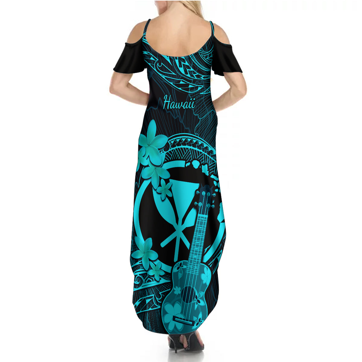 hawaii-summer-maxi-dress-ukulele-mix-polynesian-plumeria-turquoise-version