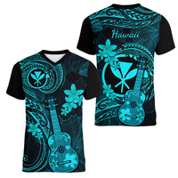 hawaii-women-v-neck-t-shirt-ukulele-mix-polynesian-plumeria-turquoise-version