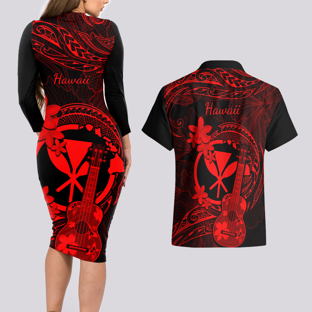 hawaii-couples-matching-long-sleeve-bodycon-dress-and-hawaiian-shirt-ukulele-mix-polynesian-plumeria-red-version