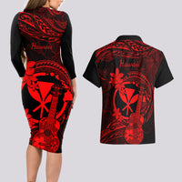 hawaii-couples-matching-long-sleeve-bodycon-dress-and-hawaiian-shirt-ukulele-mix-polynesian-plumeria-red-version
