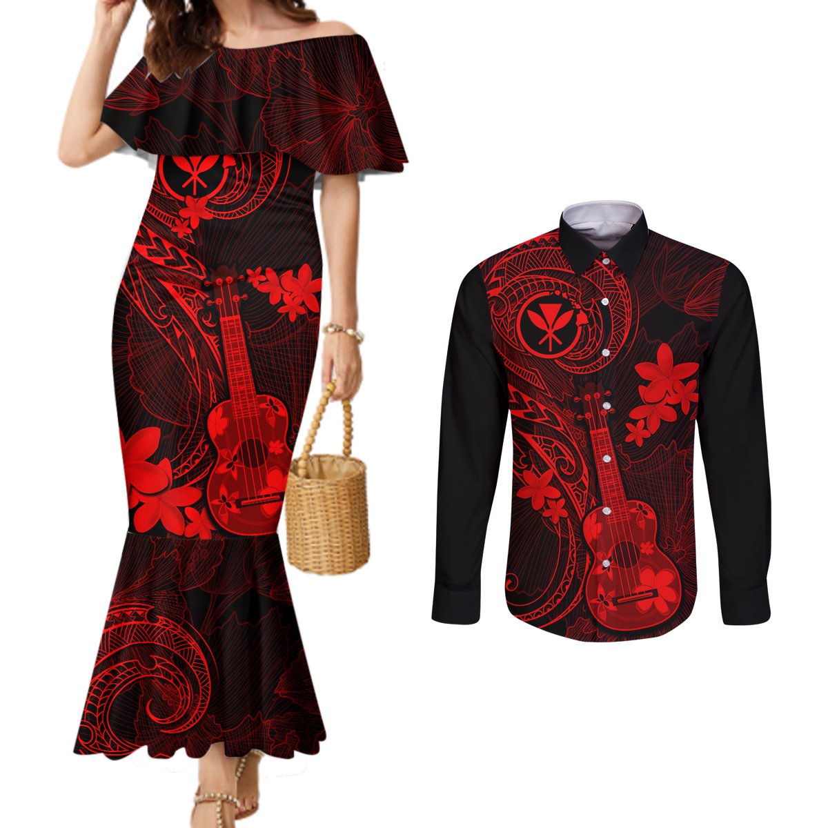 Hawaii Couples Matching Mermaid Dress and Long Sleeve Button Shirts Ukulele Mix Polynesian Plumeria Red Version LT14 Red - Polynesian Pride