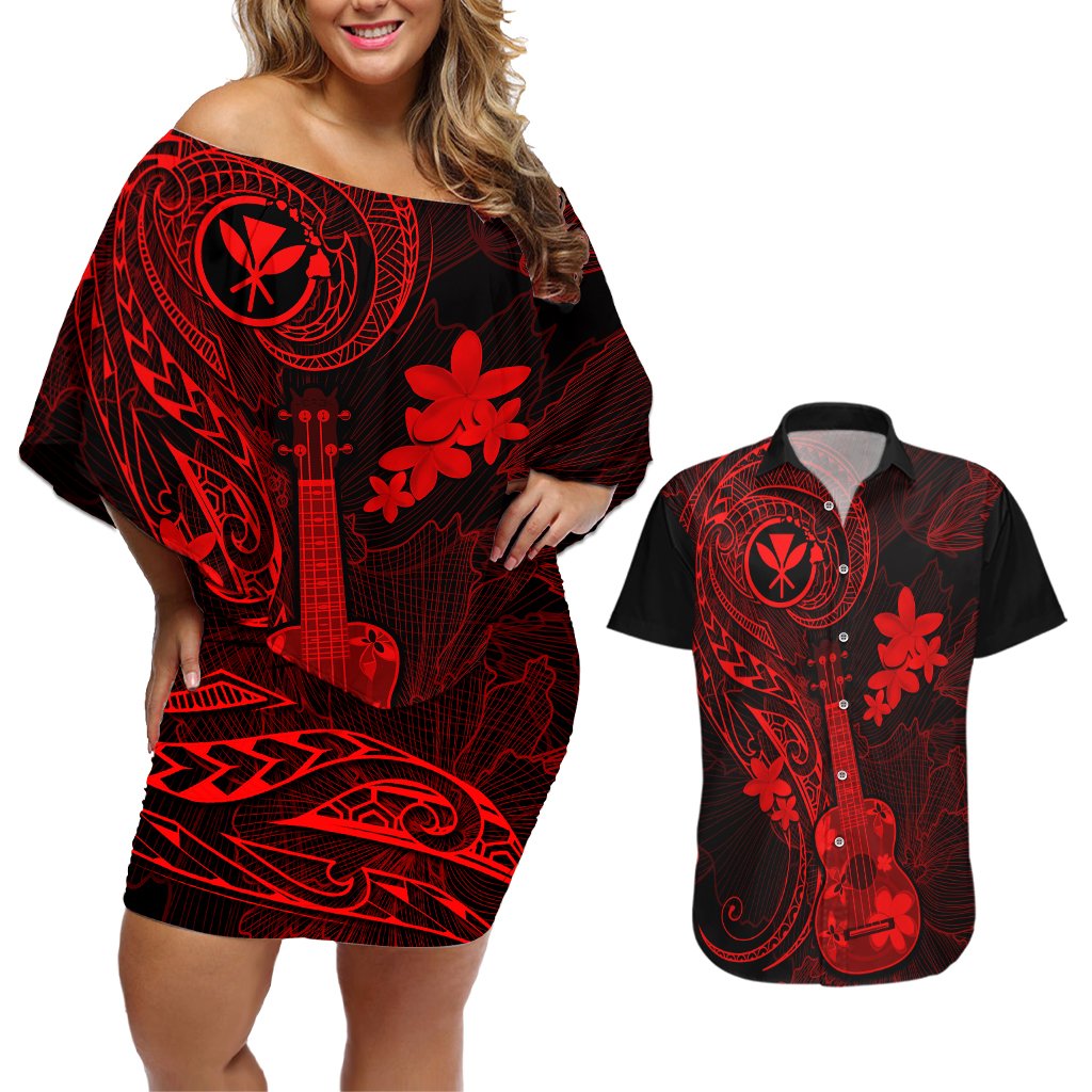Hawaii Couples Matching Off Shoulder Short Dress and Hawaiian Shirt Ukulele Mix Polynesian Plumeria Red Version LT14 Red - Polynesian Pride