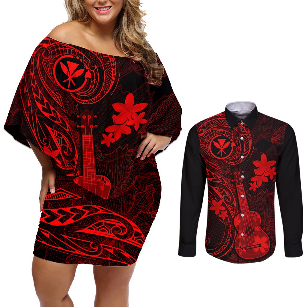 Hawaii Couples Matching Off Shoulder Short Dress and Long Sleeve Button Shirts Ukulele Mix Polynesian Plumeria Red Version LT14 Red - Polynesian Pride