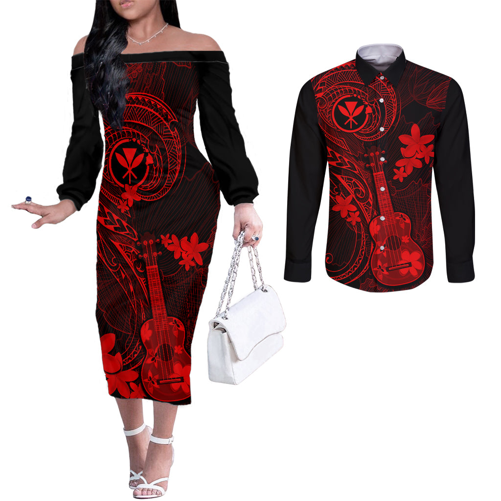Hawaii Couples Matching Off The Shoulder Long Sleeve Dress and Long Sleeve Button Shirts Ukulele Mix Polynesian Plumeria Red Version LT14 Red - Polynesian Pride