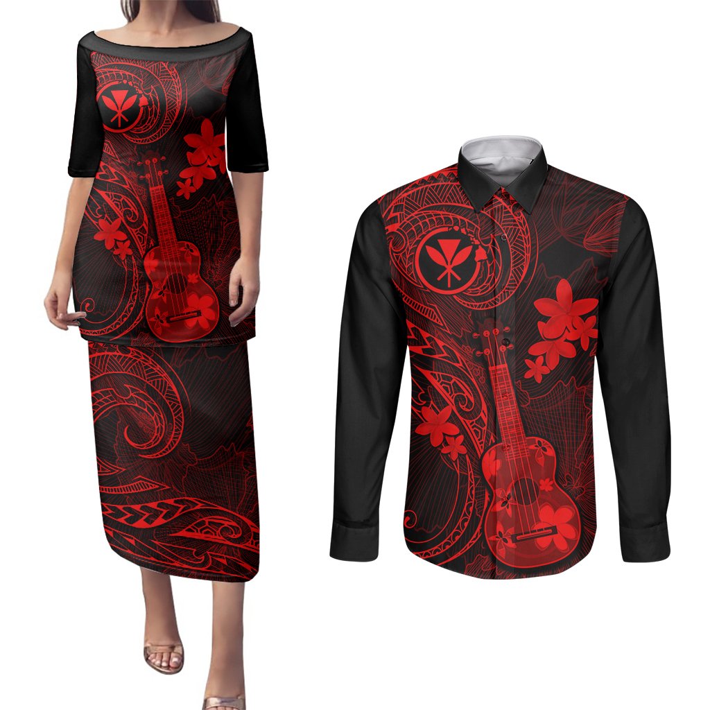 Hawaii Couples Matching Puletasi Dress and Long Sleeve Button Shirts Ukulele Mix Polynesian Plumeria Red Version LT14 Red - Polynesian Pride