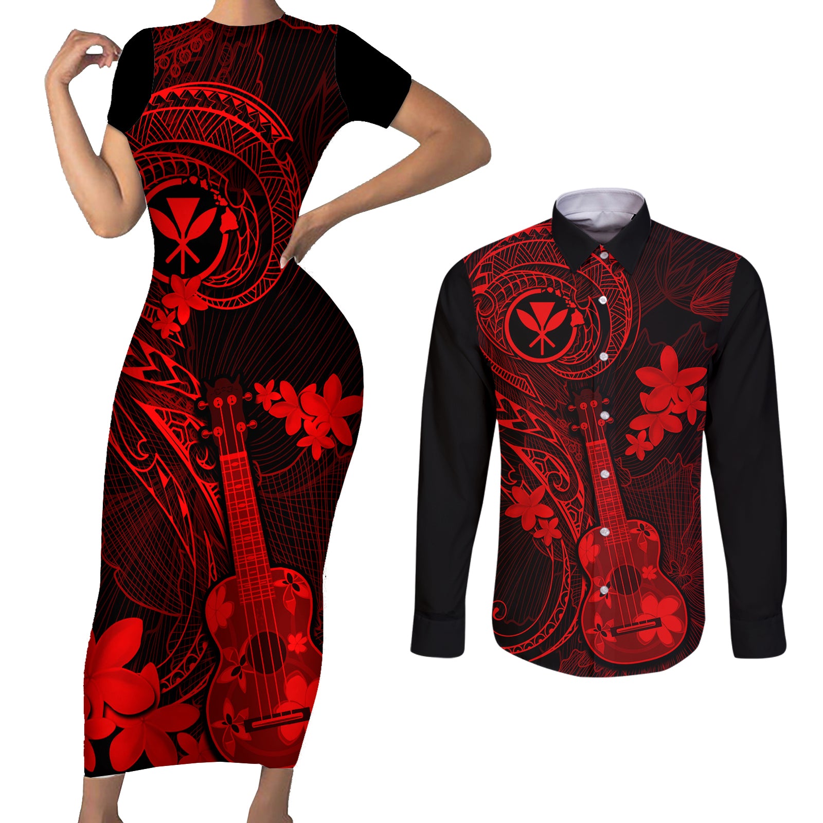 Hawaii Couples Matching Short Sleeve Bodycon Dress and Long Sleeve Button Shirts Ukulele Mix Polynesian Plumeria Red Version LT14 Red - Polynesian Pride