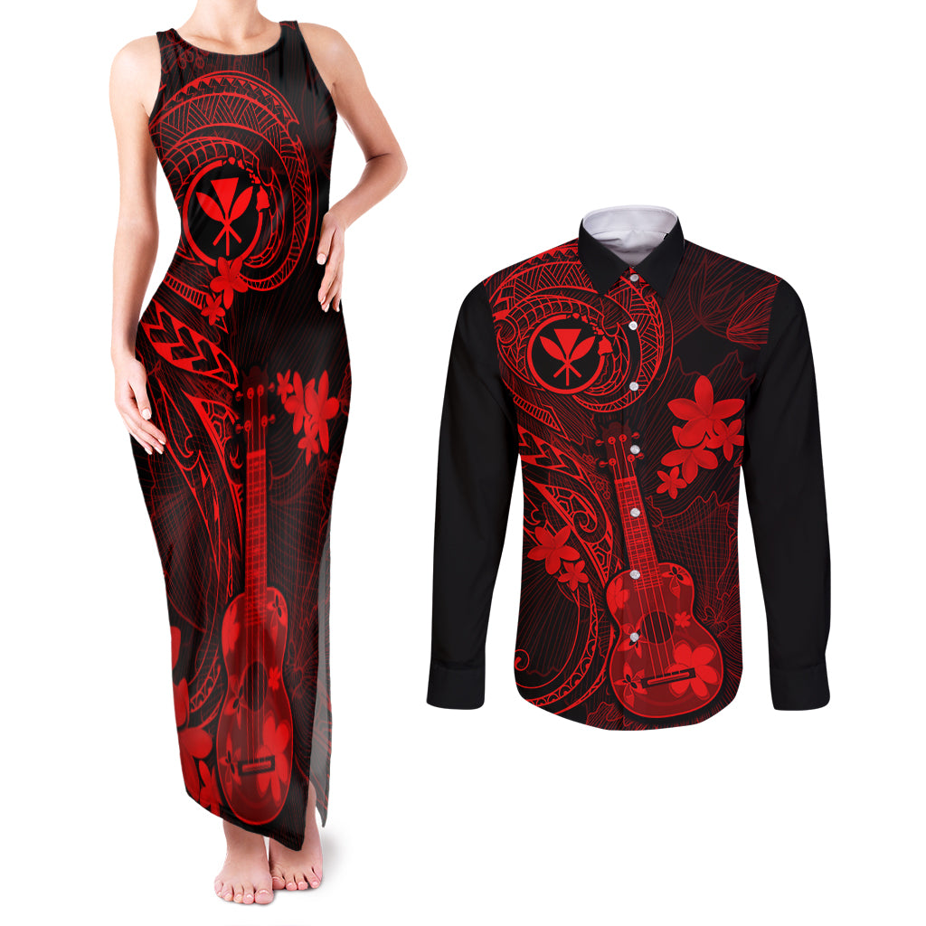 Hawaii Couples Matching Tank Maxi Dress and Long Sleeve Button Shirts Ukulele Mix Polynesian Plumeria Red Version LT14 Red - Polynesian Pride
