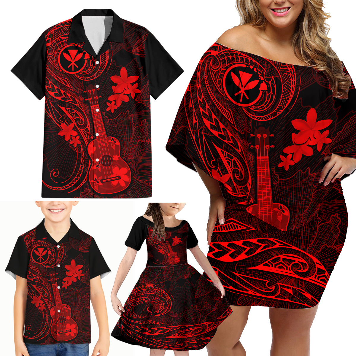 hawaii-family-matching-off-shoulder-short-dress-and-hawaiian-shirt-ukulele-mix-polynesian-plumeria-red-version