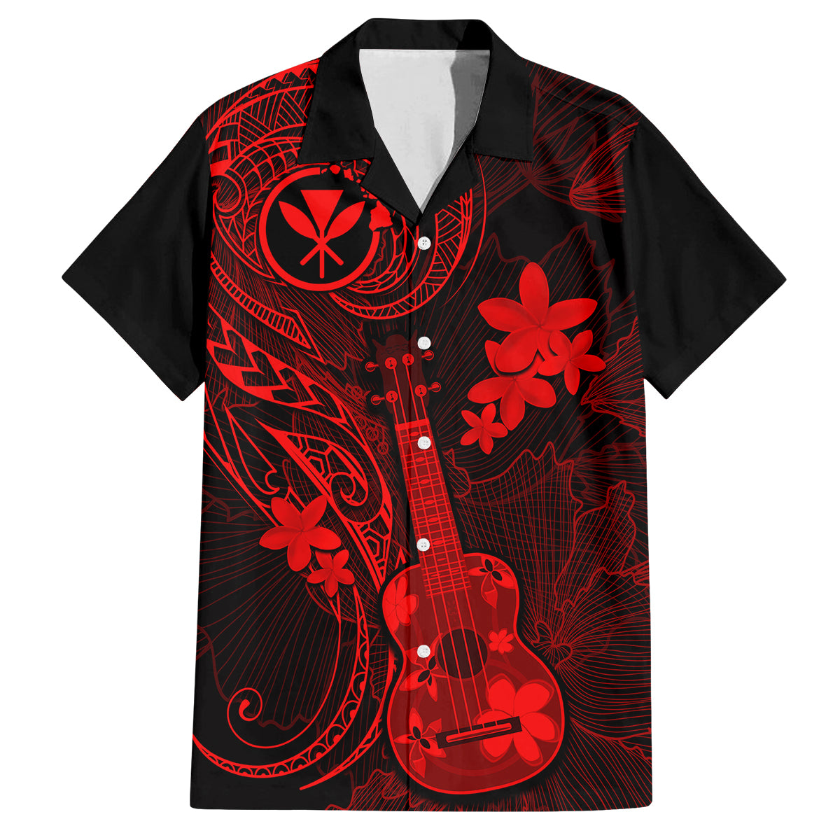 hawaii-family-matching-off-shoulder-short-dress-and-hawaiian-shirt-ukulele-mix-polynesian-plumeria-red-version