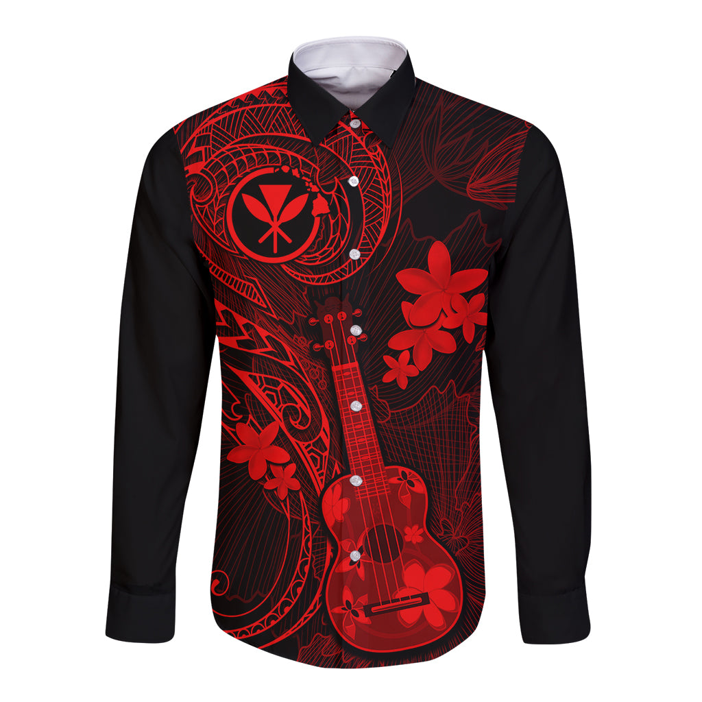 Hawaii Long Sleeve Button Shirt Ukulele Mix Polynesian Plumeria Red Version LT14 Unisex Red - Polynesian Pride
