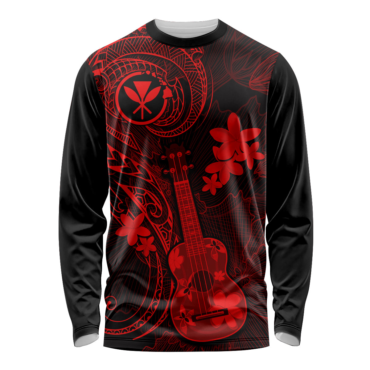 Hawaii Long Sleeve Shirt Ukulele Mix Polynesian Plumeria Red Version LT14 Unisex Red - Polynesian Pride