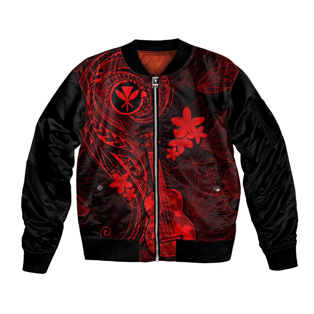 Hawaii Sleeve Zip Bomber Jacket Ukulele Mix Polynesian Plumeria Red Version LT14 Unisex Red - Polynesian Pride