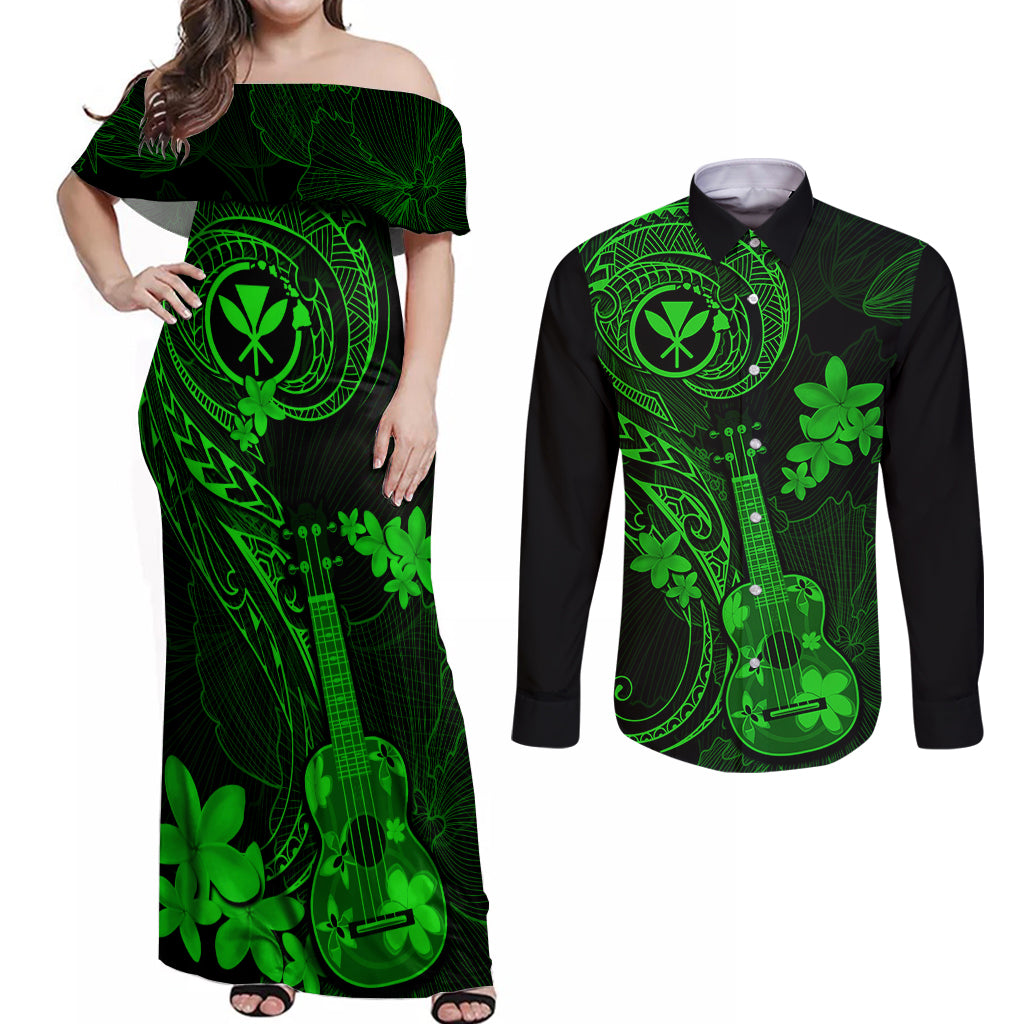 Hawaii Couples Matching Off Shoulder Maxi Dress and Long Sleeve Button Shirts Ukulele Mix Polynesian Plumeria Green Version LT14 Green - Polynesian Pride