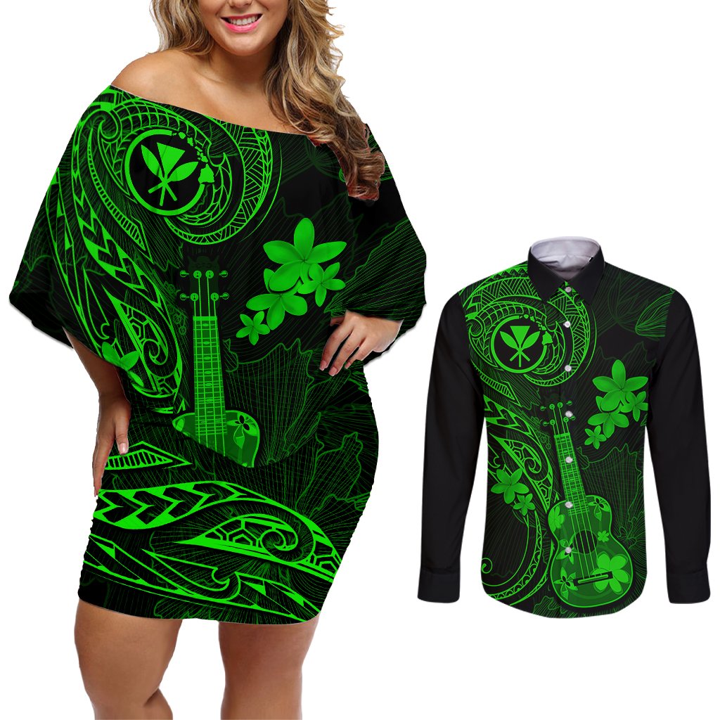 Hawaii Couples Matching Off Shoulder Short Dress and Long Sleeve Button Shirts Ukulele Mix Polynesian Plumeria Green Version LT14 Green - Polynesian Pride