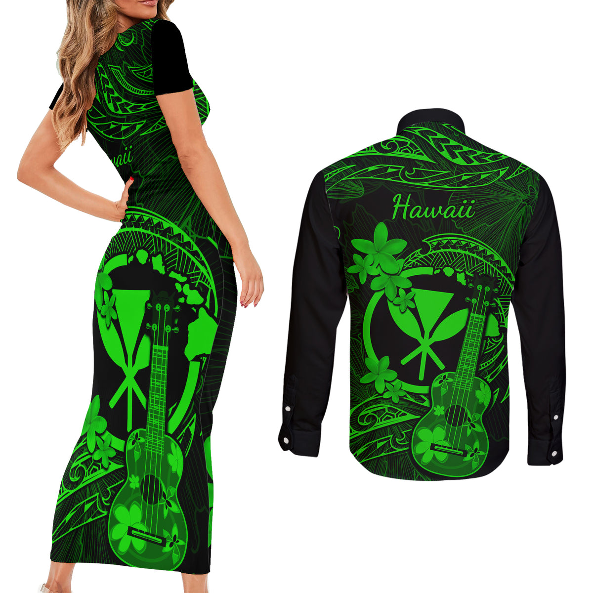 hawaii-couples-matching-short-sleeve-bodycon-dress-and-long-sleeve-button-shirts-ukulele-mix-polynesian-plumeria-green-version