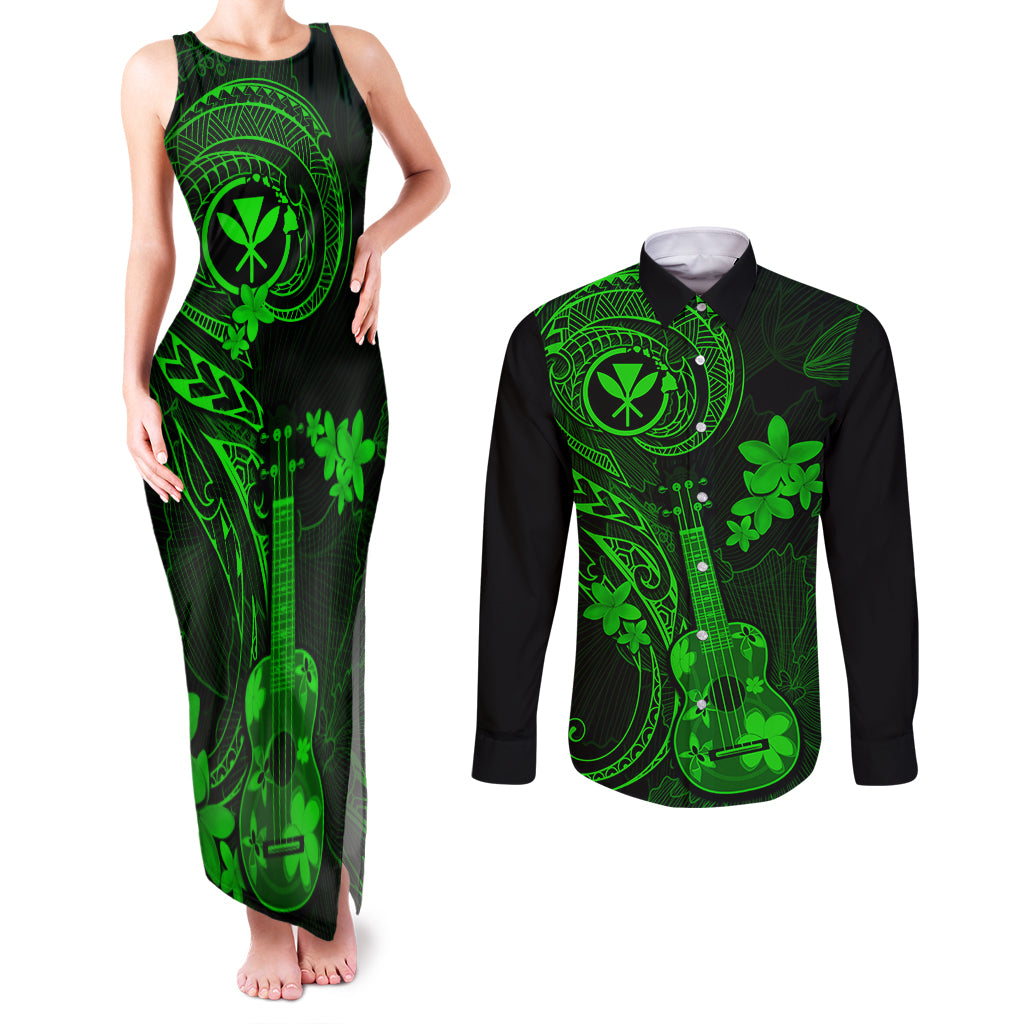 Hawaii Couples Matching Tank Maxi Dress and Long Sleeve Button Shirts Ukulele Mix Polynesian Plumeria Green Version LT14 Green - Polynesian Pride