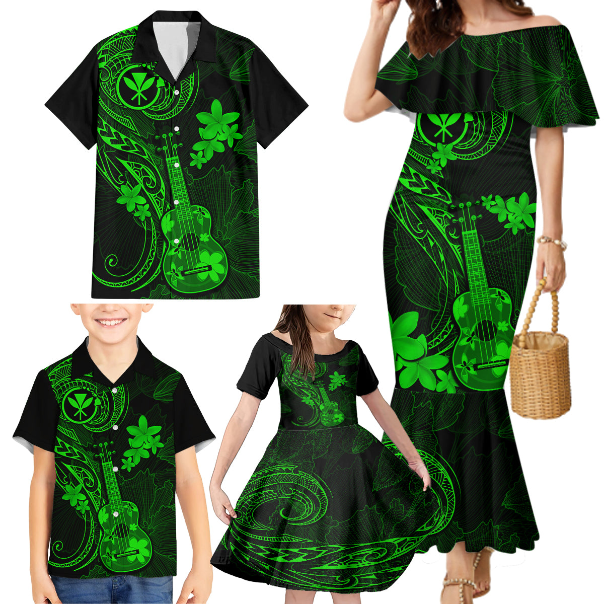 hawaii-family-matching-mermaid-dress-and-hawaiian-shirt-ukulele-mix-polynesian-plumeria-green-version