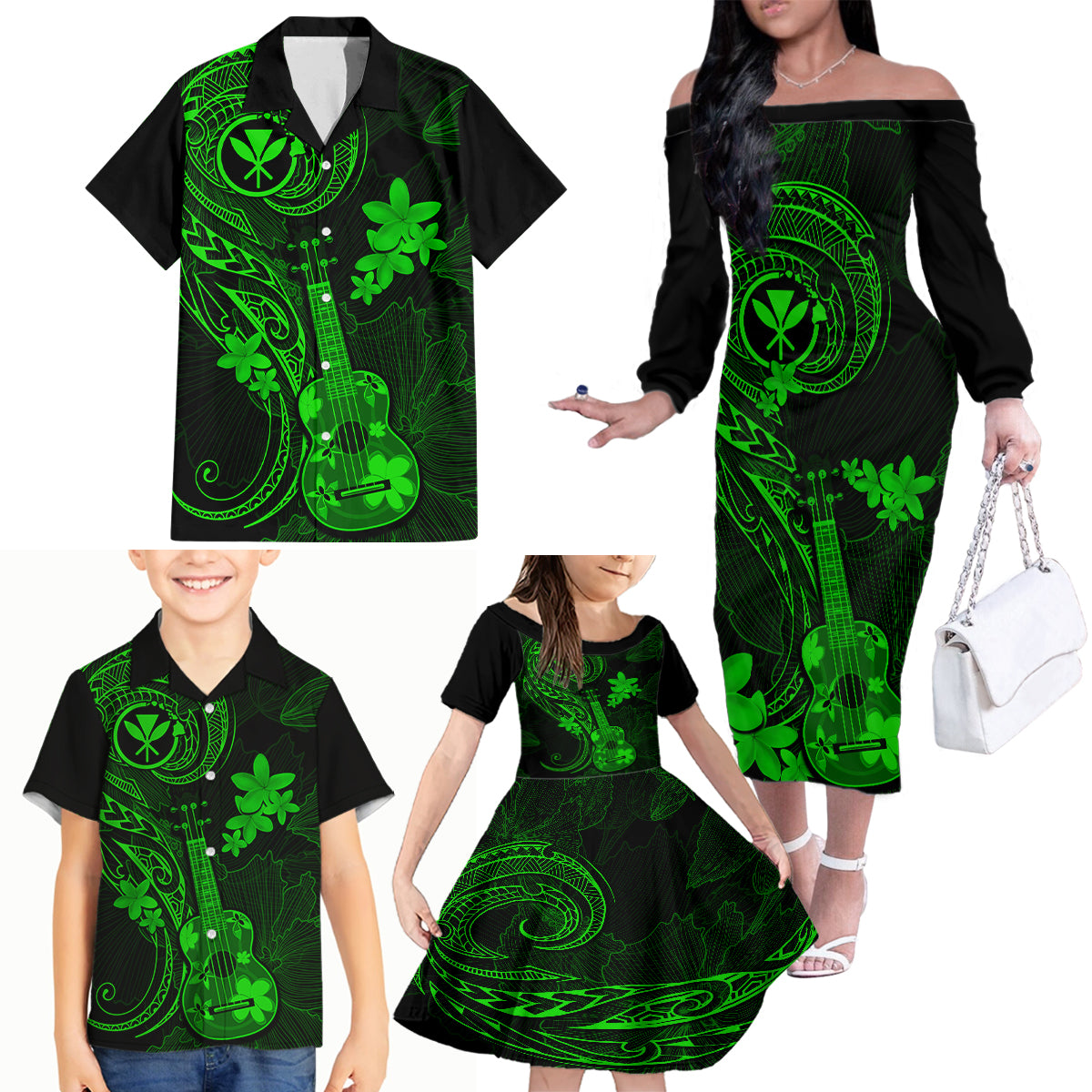 hawaii-family-matching-off-shoulder-long-sleeve-dress-and-hawaiian-shirt-ukulele-mix-polynesian-plumeria-green-version