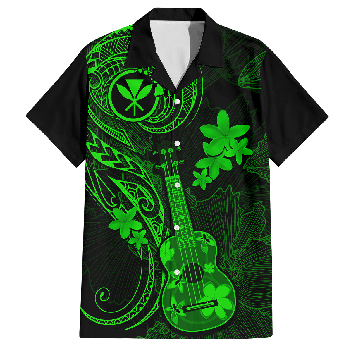 hawaii-family-matching-off-shoulder-long-sleeve-dress-and-hawaiian-shirt-ukulele-mix-polynesian-plumeria-green-version