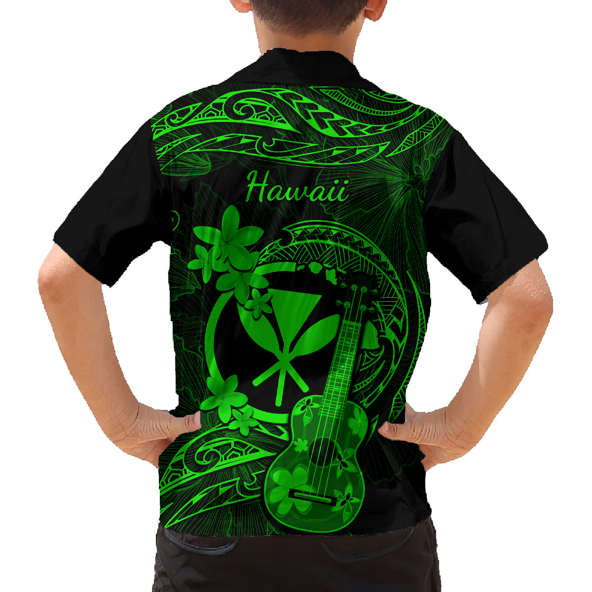 hawaii-family-matching-off-shoulder-short-dress-and-hawaiian-shirt-ukulele-mix-polynesian-plumeria-green-version