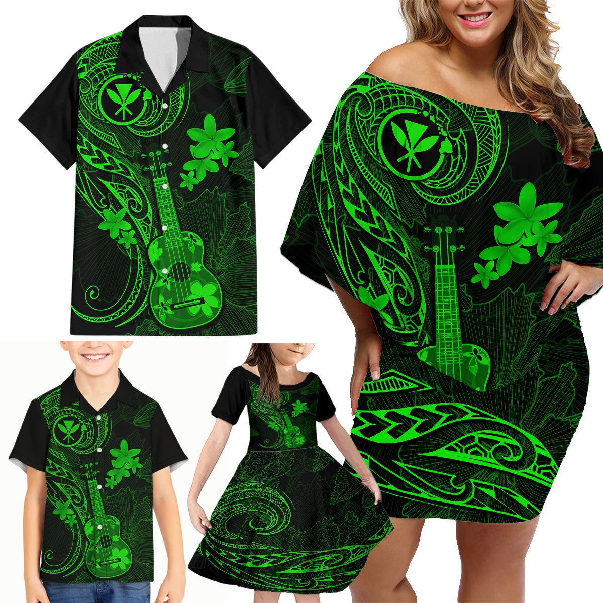 hawaii-family-matching-off-shoulder-short-dress-and-hawaiian-shirt-ukulele-mix-polynesian-plumeria-green-version