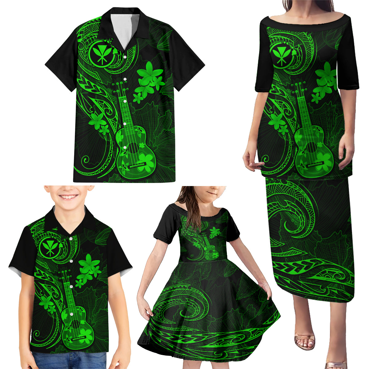 Hawaii Family Matching Puletasi Dress and Hawaiian Shirt Ukulele Mix Polynesian Plumeria Green Version LT14 - Polynesian Pride