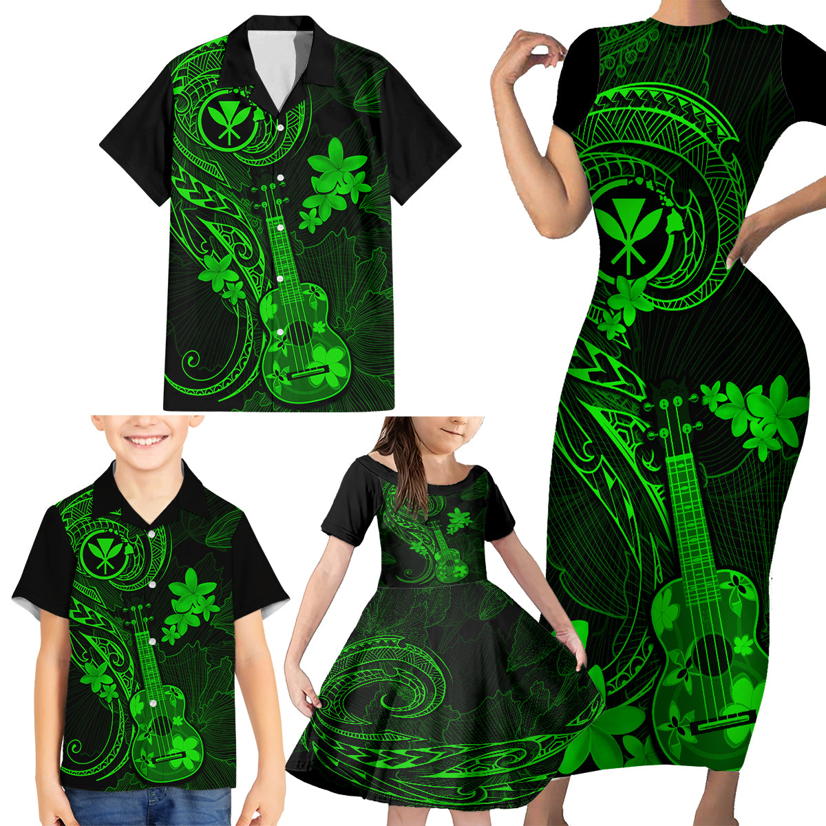hawaii-family-matching-short-sleeve-bodycon-dress-and-hawaiian-shirt-ukulele-mix-polynesian-plumeria-green-version