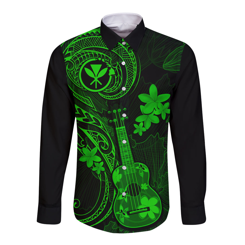Hawaii Long Sleeve Button Shirt Ukulele Mix Polynesian Plumeria Green Version LT14 Unisex Green - Polynesian Pride