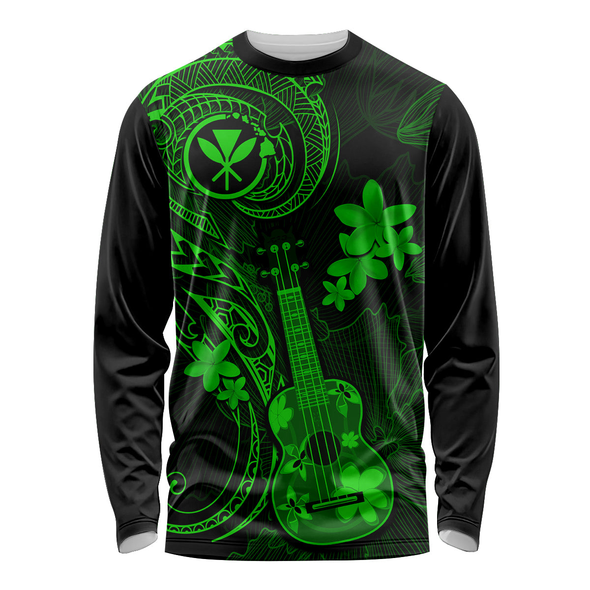 Hawaii Long Sleeve Shirt Ukulele Mix Polynesian Plumeria Green Version LT14 Unisex Green - Polynesian Pride