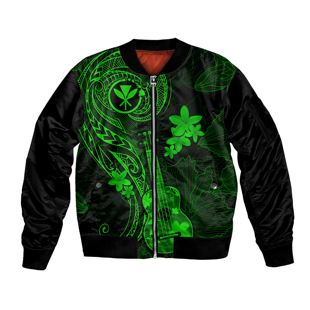 Hawaii Sleeve Zip Bomber Jacket Ukulele Mix Polynesian Plumeria Green Version LT14 Unisex Green - Polynesian Pride
