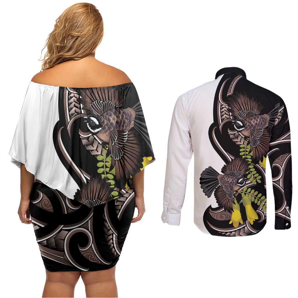 New Zealand Valentines Day Couples Matching Off Shoulder Short Dress and Long Sleeve Button Shirt Piwakawaka Lovers Maori Koru Tattoo - Polynesian Pride