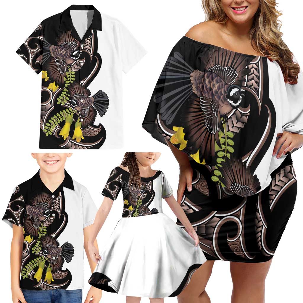 New Zealand Valentines Day Family Matching Off Shoulder Short Dress and Hawaiian Shirt Piwakawaka Lovers Maori Koru Tattoo - Polynesian Pride
