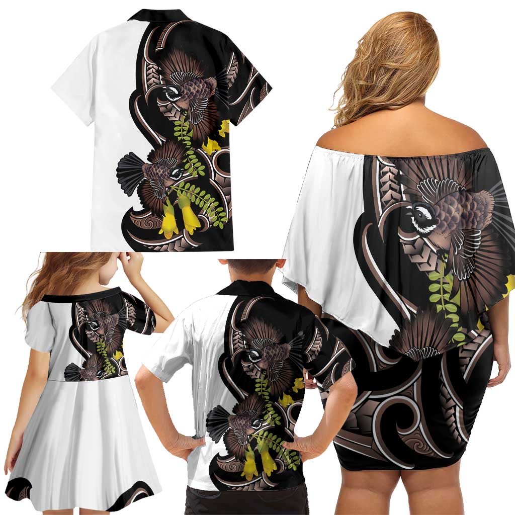 New Zealand Valentines Day Family Matching Off Shoulder Short Dress and Hawaiian Shirt Piwakawaka Lovers Maori Koru Tattoo - Polynesian Pride
