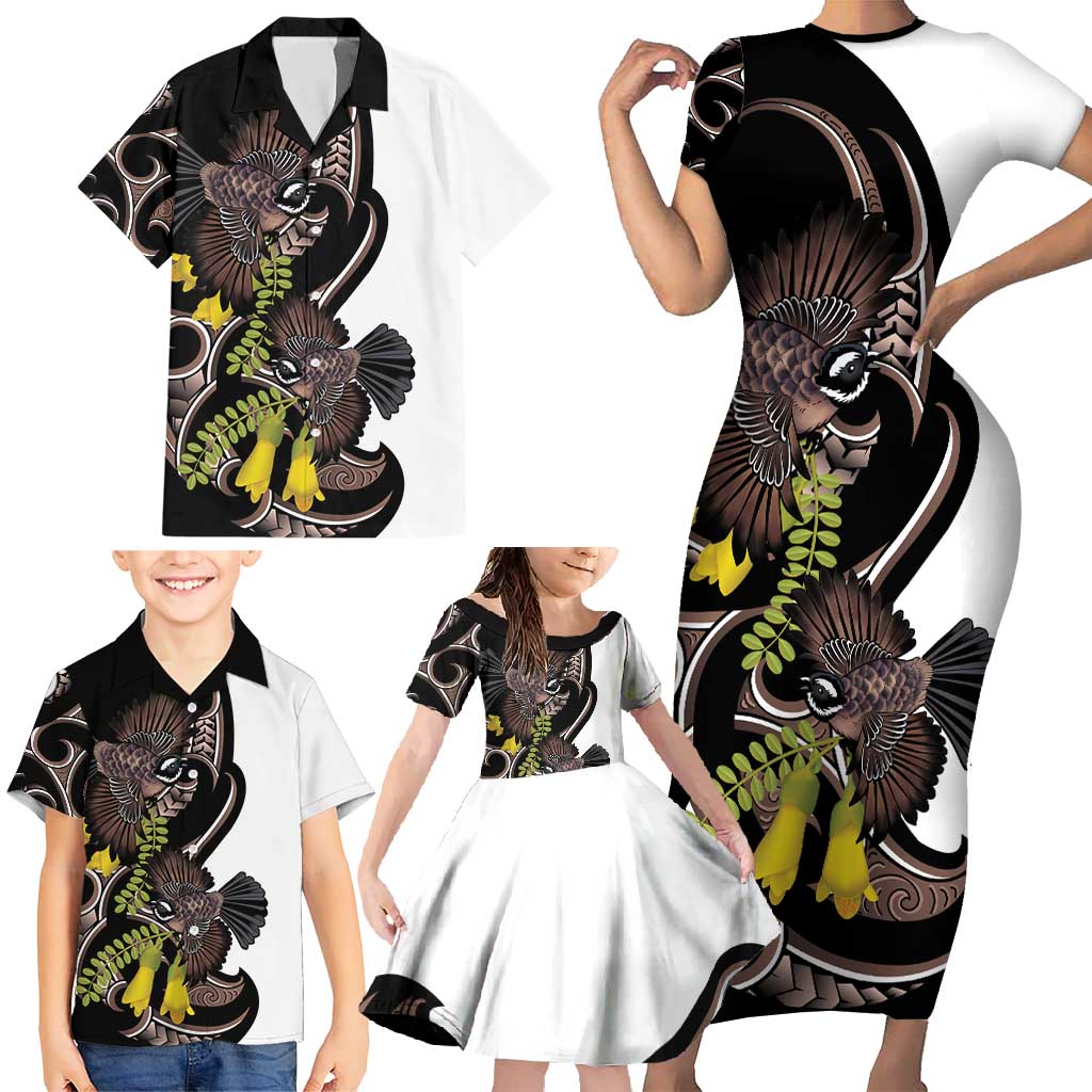 New Zealand Valentines Day Family Matching Short Sleeve Bodycon Dress and Hawaiian Shirt Piwakawaka Lovers Maori Koru Tattoo - Polynesian Pride