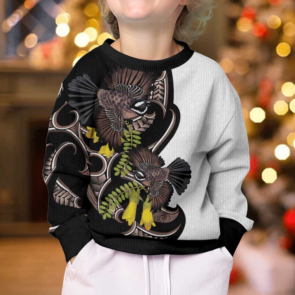 New Zealand Valentines Day Kid Ugly Christmas Sweater Piwakawaka Lovers Maori Koru Tattoo - Polynesian Pride