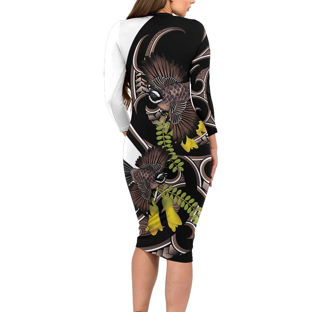 New Zealand Valentines Day Long Sleeve Bodycon Dress Piwakawaka Lovers Maori Koru Tattoo - Polynesian Pride