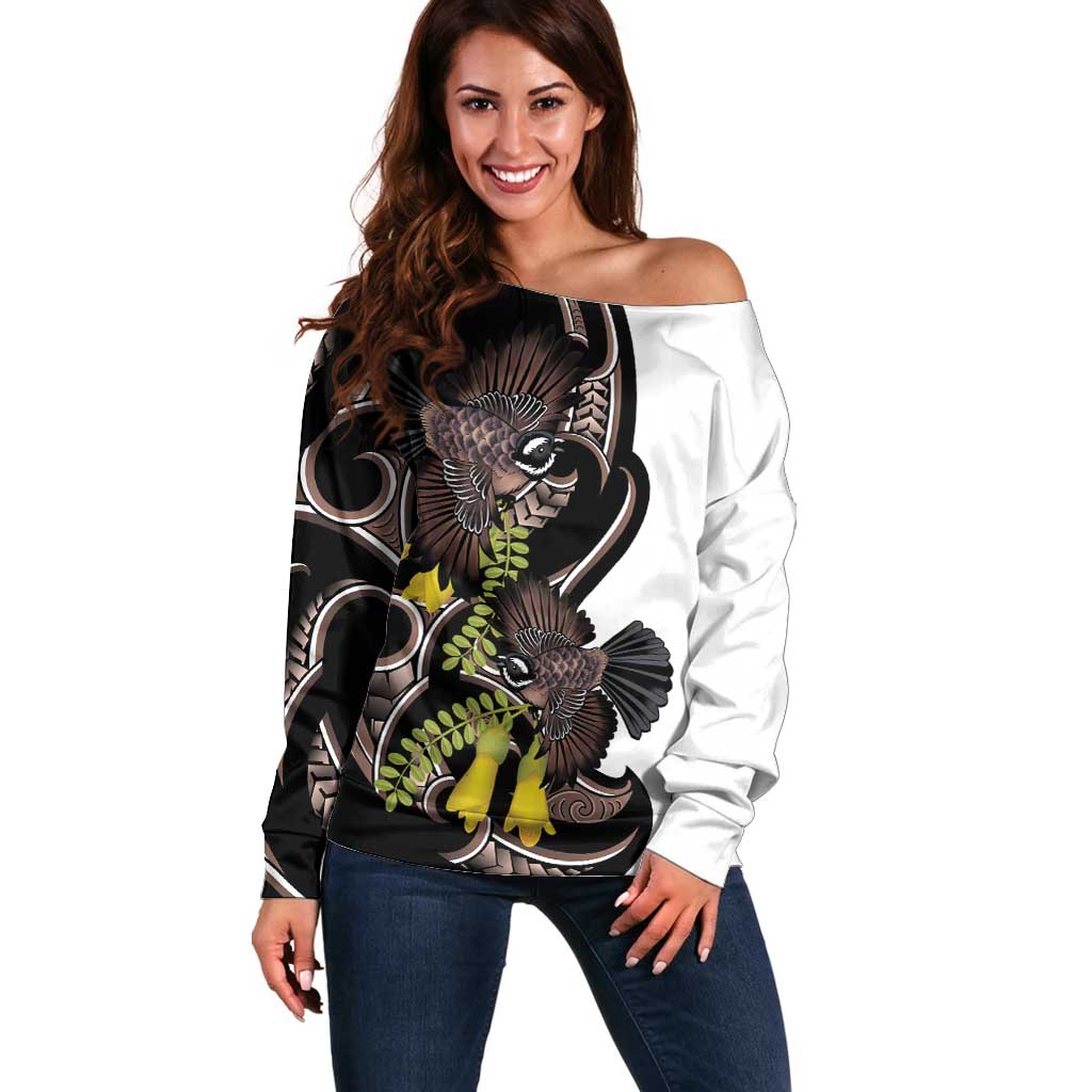 New Zealand Valentines Day Off Shoulder Sweater Piwakawaka Lovers Maori Koru Tattoo - Polynesian Pride