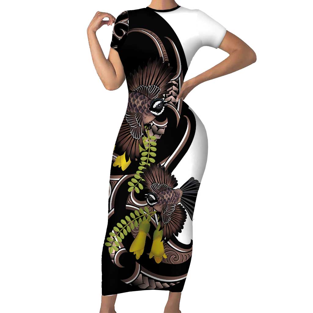 New Zealand Valentines Day Short Sleeve Bodycon Dress Piwakawaka Lovers Maori Koru Tattoo - Polynesian Pride