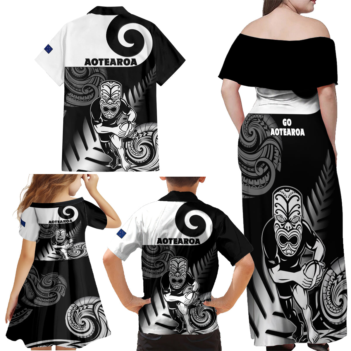 New Zealand Silver Fern Rugby Family Matching Off Shoulder Maxi Dress and Hawaiian Shirt Go Champions NZ All Black Maori Koru LT14 - Polynesian Pride