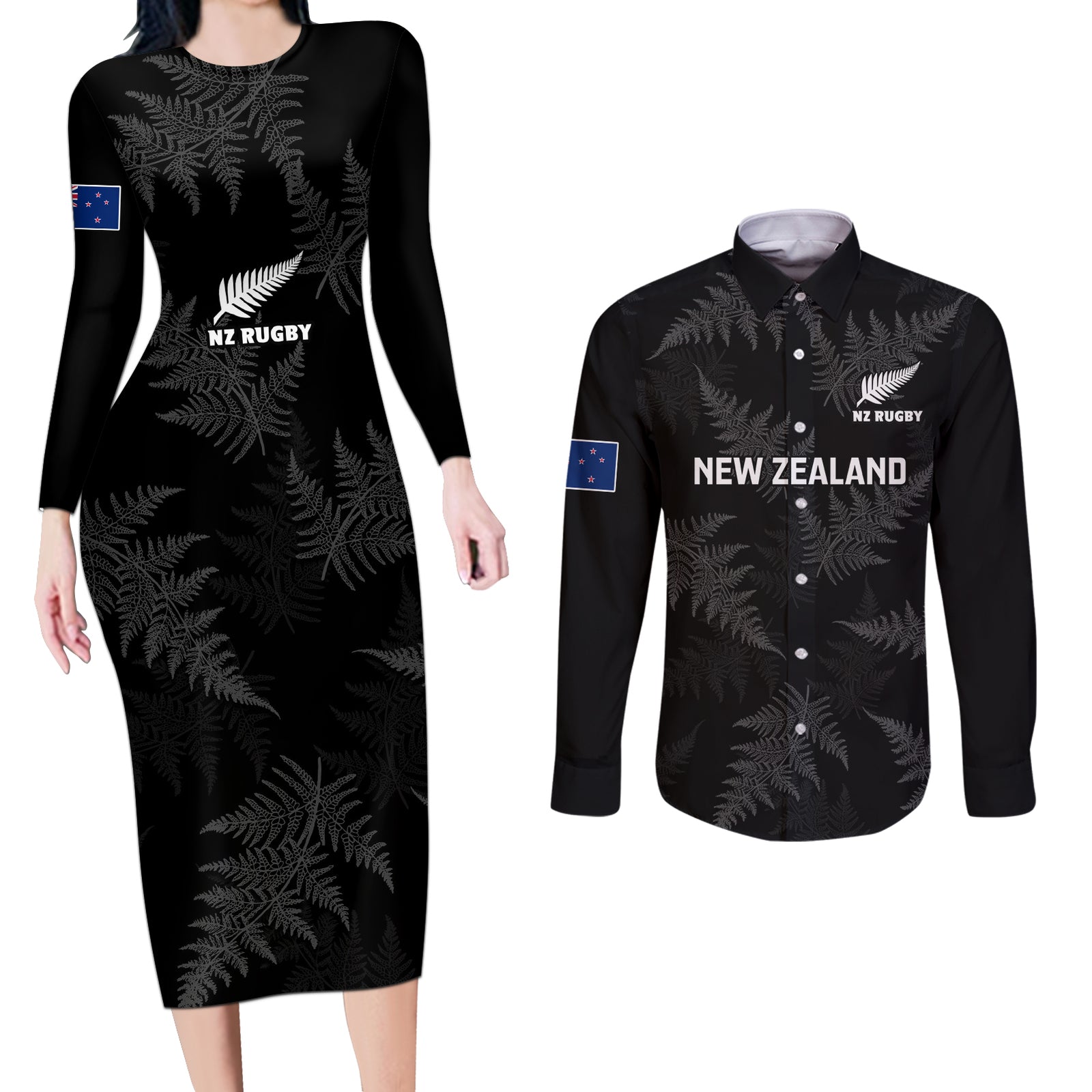 New Zealand Silver Fern Rugby Couples Matching Long Sleeve Bodycon Dress and Long Sleeve Button Shirts 2023 Go Aotearoa Champions World Cup LT14 Black - Polynesian Pride