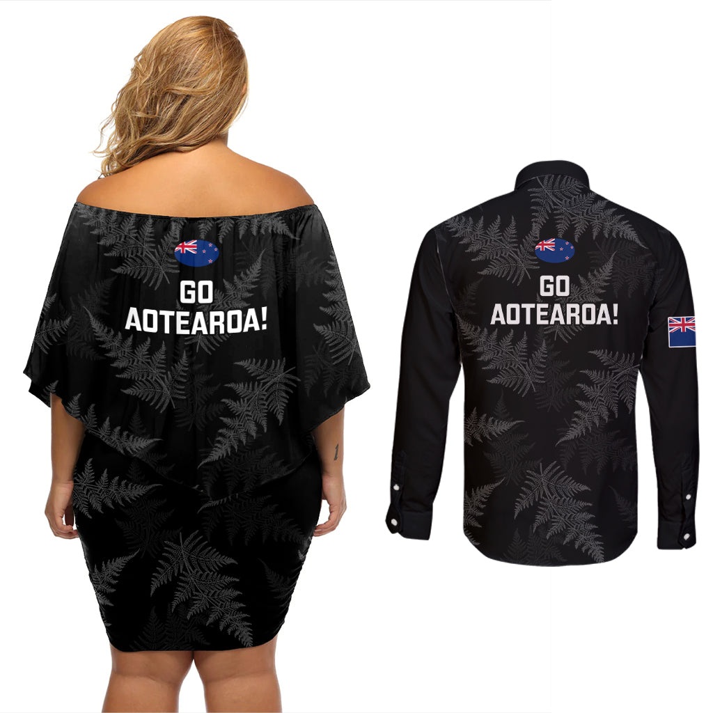 New Zealand Silver Fern Rugby Couples Matching Off Shoulder Short Dress and Long Sleeve Button Shirts 2023 Go Aotearoa Champions World Cup LT14 - Polynesian Pride