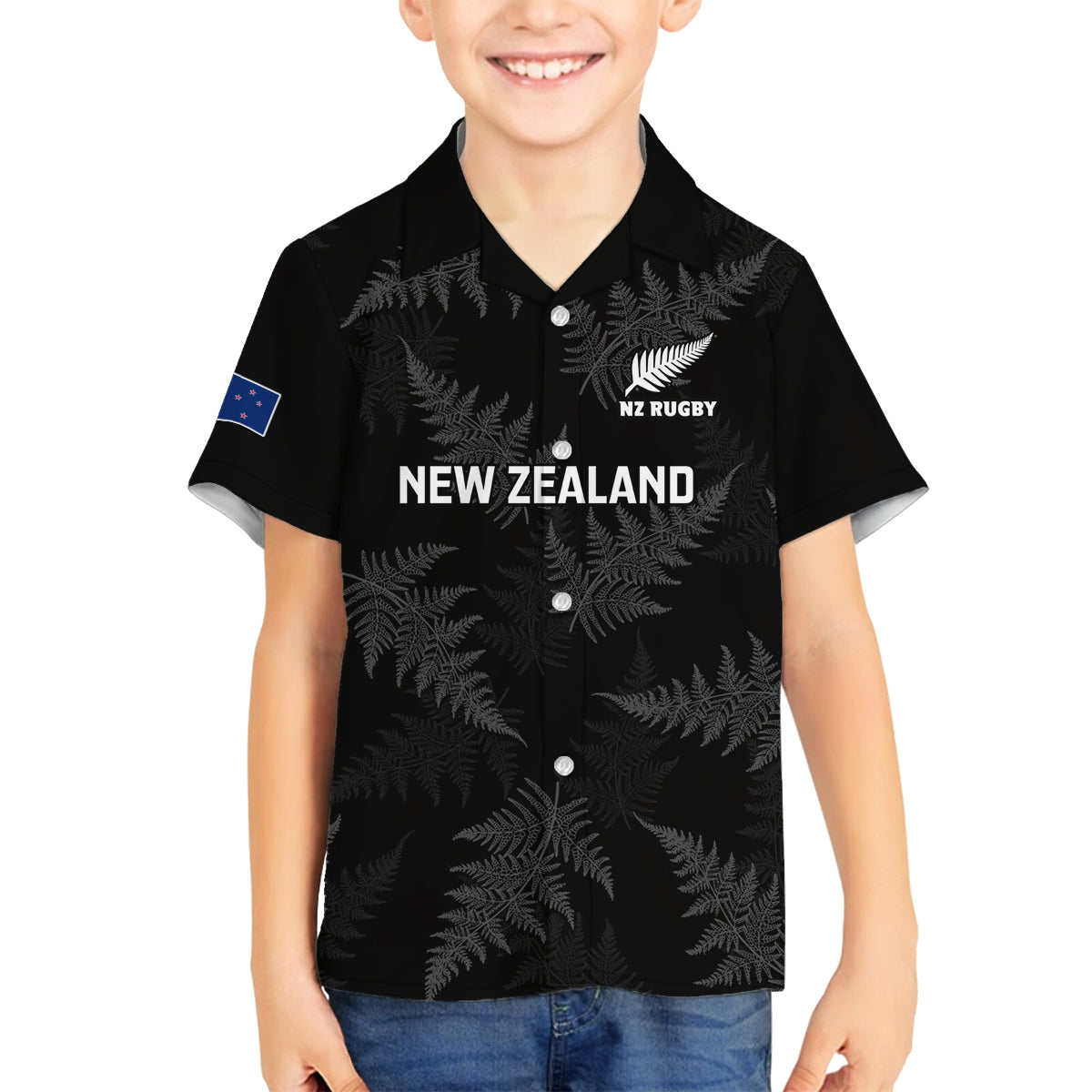 New Zealand Silver Fern Rugby Family Matching Off Shoulder Maxi Dress and Hawaiian Shirt 2023 Go Aotearoa Champions World Cup LT14 Son's Shirt Black - Polynesian Pride