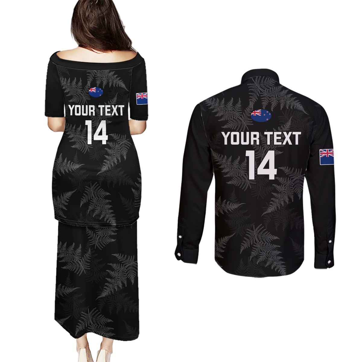 Custom New Zealand Silver Fern Rugby Couples Matching Puletasi Dress and Long Sleeve Button Shirts 2023 Go Aotearoa Champions World Cup LT14 - Polynesian Pride