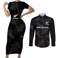 Custom New Zealand Silver Fern Rugby Couples Matching Short Sleeve Bodycon Dress and Long Sleeve Button Shirts 2023 Go Aotearoa Champions World Cup LT14 Black - Polynesian Pride