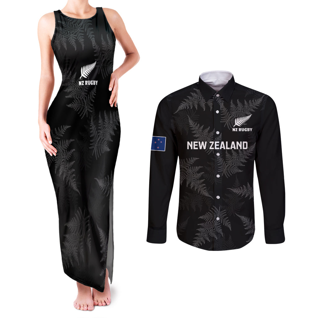 Custom New Zealand Silver Fern Rugby Couples Matching Tank Maxi Dress and Long Sleeve Button Shirts 2023 Go Aotearoa Champions World Cup LT14 Black - Polynesian Pride