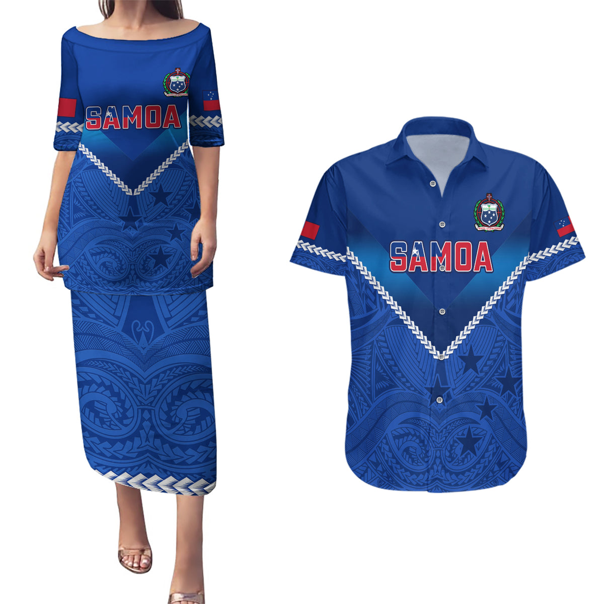Samoa Rugby Couples Matching Puletasi Dress and Hawaiian Shirt 2023 Go Manu Samoa LT14 Blue - Polynesian Pride