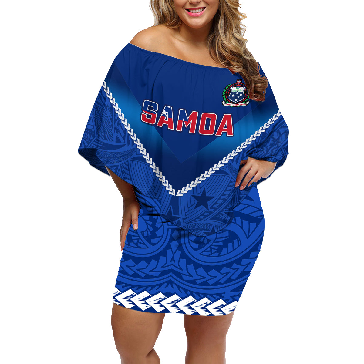 Samoa Rugby Family Matching Off Shoulder Short Dress and Hawaiian Shirt 2023 Go Manu Samoa LT14 Mom's Dress Blue - Polynesian Pride