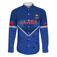 Samoa Rugby Family Matching Puletasi Dress and Hawaiian Shirt 2023 Go Manu Samoa LT14 Dad's Shirt - Long Sleeve Blue - Polynesian Pride