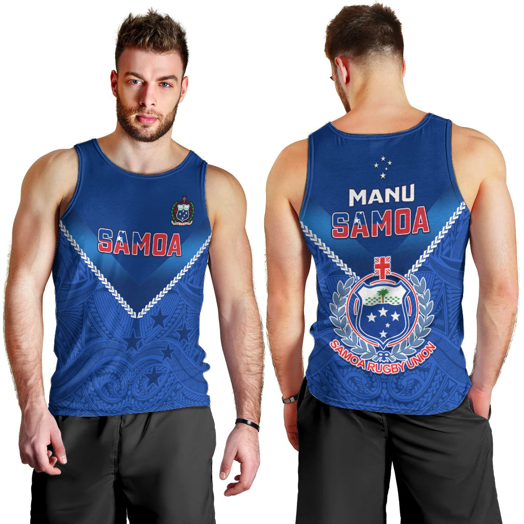 Samoa Rugby Men Tank Top 2023 Go Manu Samoa With Polynesian Tattoo LT14 Blue - Polynesian Pride